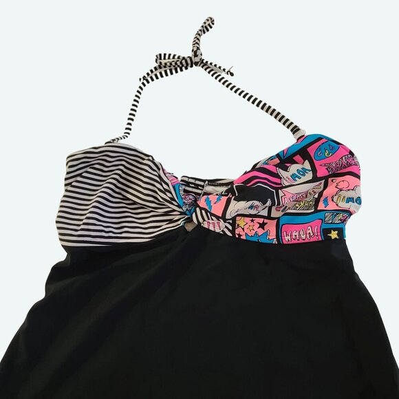 Ocean Pacific Colorful Comic-Print & Striped‎ Halter Bikini Top With Black Skirt - Picture 2 of 6